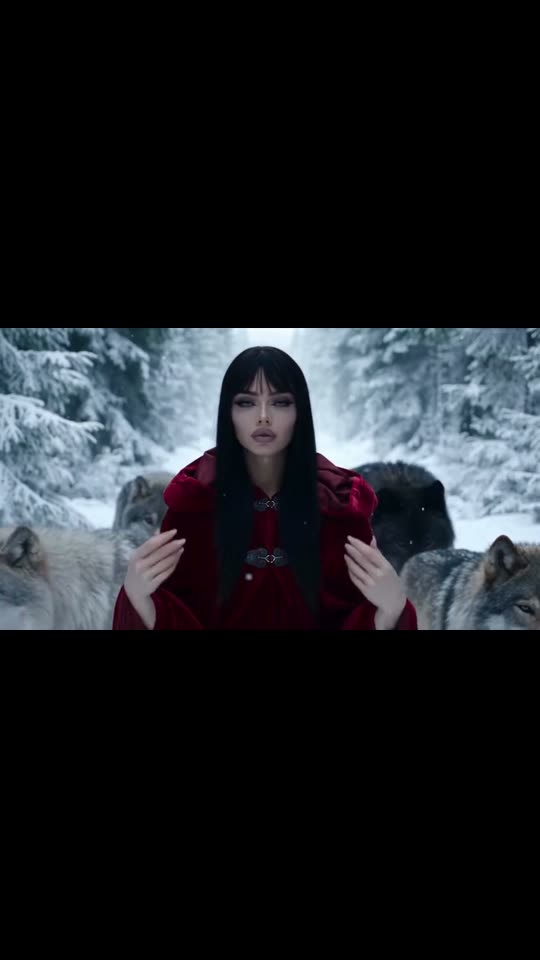 AI Red Riding Hood AI result preview — A red cloak appears at the far end of a snow-covered forest road. Calm grey wolves walk alongside it until…
