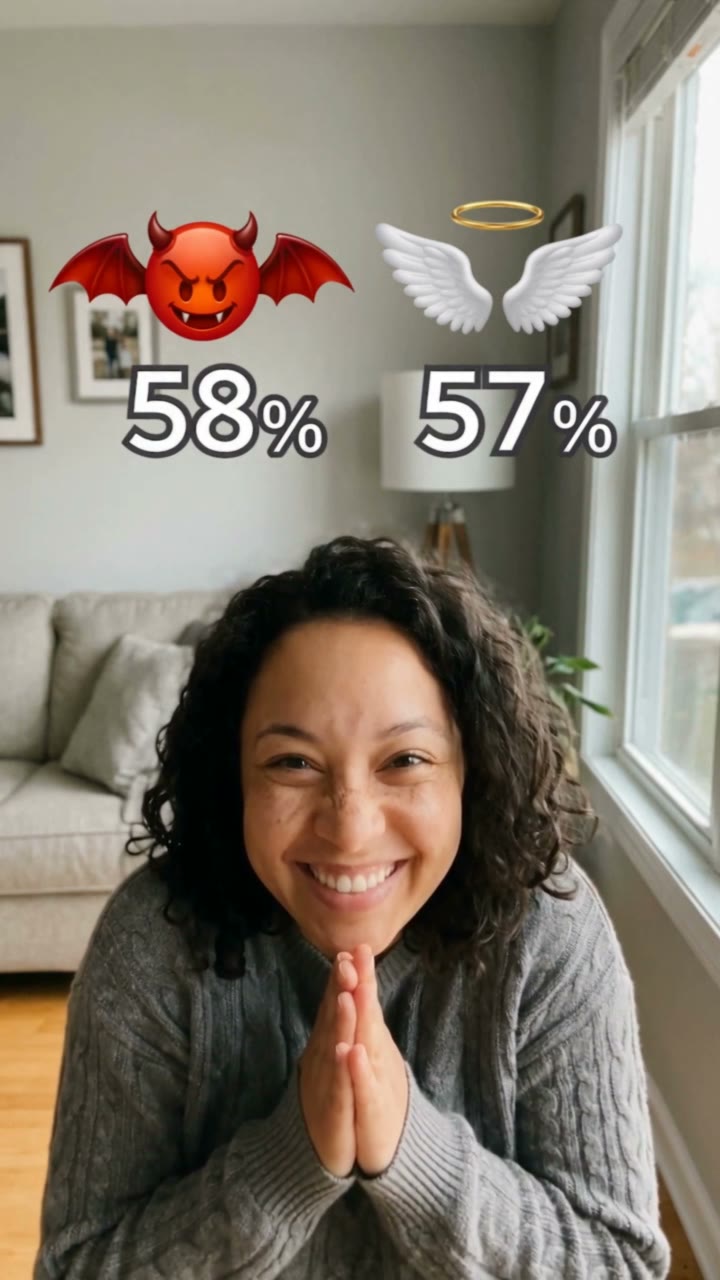 Angel or Devil Filter AI result preview — A meter races over your head: angel wings on one side, a red devil on the other. Then a halo drops, or…