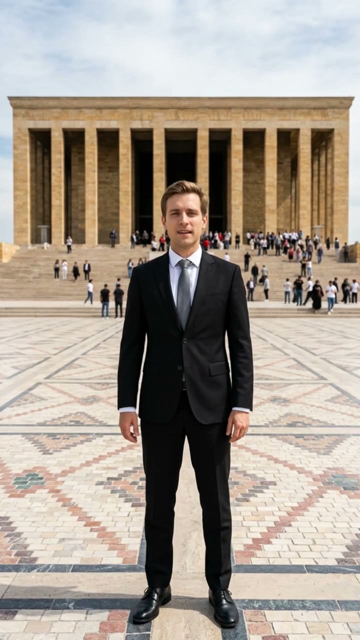 Anıtkabir AI result preview — Place yourself on the sunlit stone square before Anıtkabir’s long colonnade. The camera holds a calm…