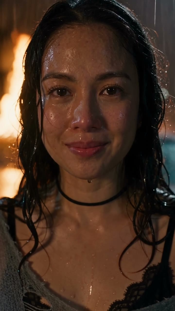 DESERVE Rain Scene AI result preview — Stand in heavy night rain beside a parked car. A distant orange glow rises behind you as the camera moves in…