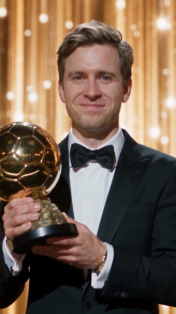 Golden Ball Prank AI result preview — You sit in the gala crowd, walk on stage, shake the host's hand and lift a golden football trophy. One photo…