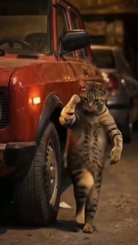 Car Alarm Dance AI result preview — A red car flashes on a night street. Your dog or cat stands up beside it and dances in short, bouncy steps as…