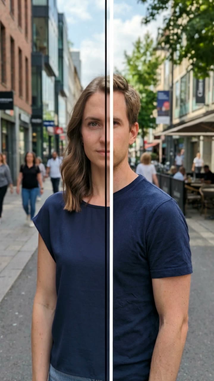 Gender Swap Filter AI result preview — Your selfie holds, a line sweeps across, and the other-gender you looks back with a small smile.