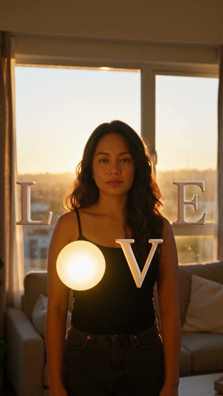 Love Me Trend AI result preview — Huge 3D letters L, V and E in every shot, and a round thing in the scene becomes the O. You or a couple.