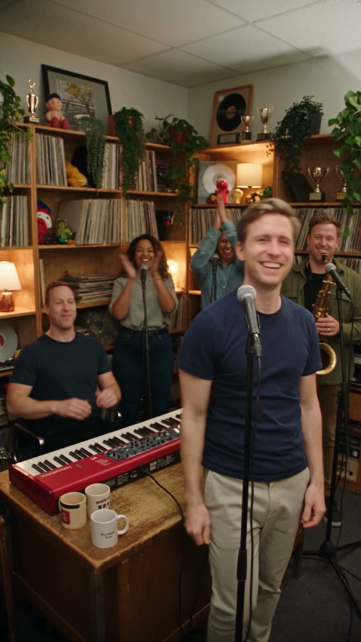 Tiny Desk AI AI result preview — You belt the high note, laugh mid-line and hand the sax solo, in front of packed bookshelves. Duo and Band…