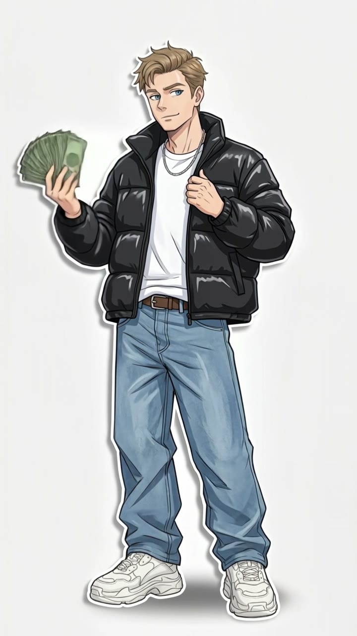 Wassup in a Minute AI result preview — A full-body streetwear anime drawing of you, cash in hand, swaying side to side on a white background. One…