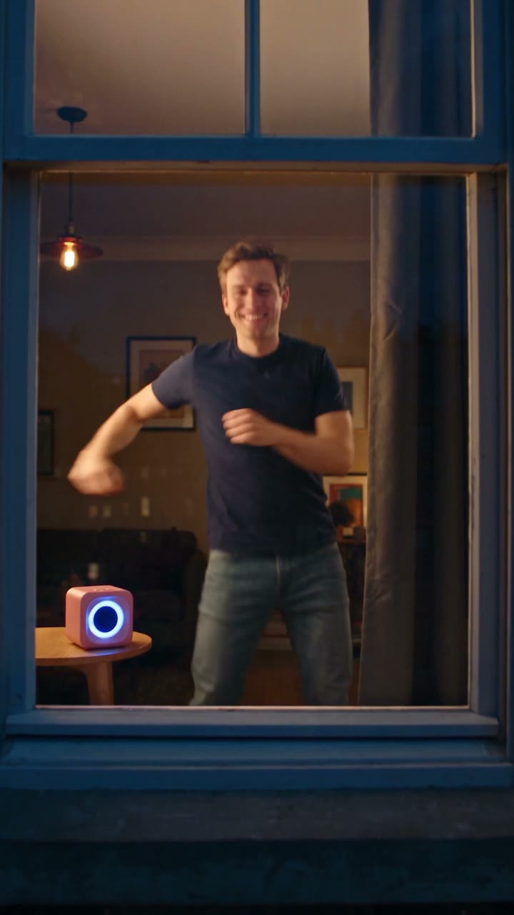 Window Dance AI result preview — At night the camera flies to the one lit window. You dance next to a speaker, grin at the camera, then pull…